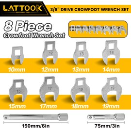 LATTOOK 3/8" Drive Crowfoot Wrench Set, 10-Piece Metric Crows Foot Wrench Set with 2 Extension Bars, Access Fasteners in Tight Spaces, 10, 12, 13, 14, 15, 17, 18, 19mm