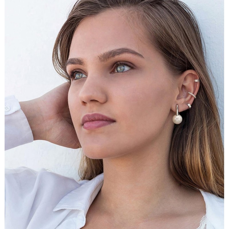 Platinum Plated Leverback Hoop Handpicked White Round Shell Pearl Drop