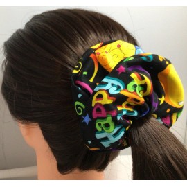 Handmade Happy Birthday Multi Color on Black Party Scrunchie Hair Tie - cotton - 6 inches