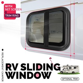 WUTIST 2 Pack 17.5" x 15.5" Universal RV Windows w/Mesh Screen & Trim Ring for Vertical Trailers, Motor Homes, Engineering Vehicles Teardrop Side Window Replacement Tempered Glass Aluminium Black