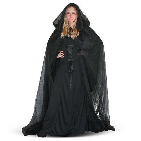 Skeleteen Black Hooded Tulle Cape - Long Chiffon Medieval Net Robe Vampire Bride Sheer Cloak Costume for Adults and Teens