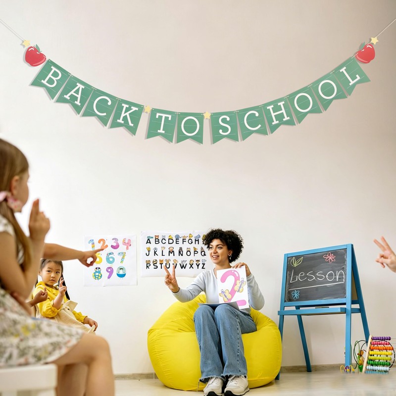 Back to School Banner, 80in Matte Vintage Green Classroom Welcome