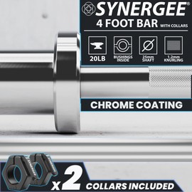 Synergee 4-Foot Barbell with 2” Sleeves and Collars. Rated 500lbs for Weightlifting. Available in Chrome.