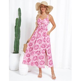 Women's Boho Beach Summer Maxi Dress Sleeveless Spaghetti Strap Twist Knot Front A line Floral Sundress with Pockets Pink Floral L