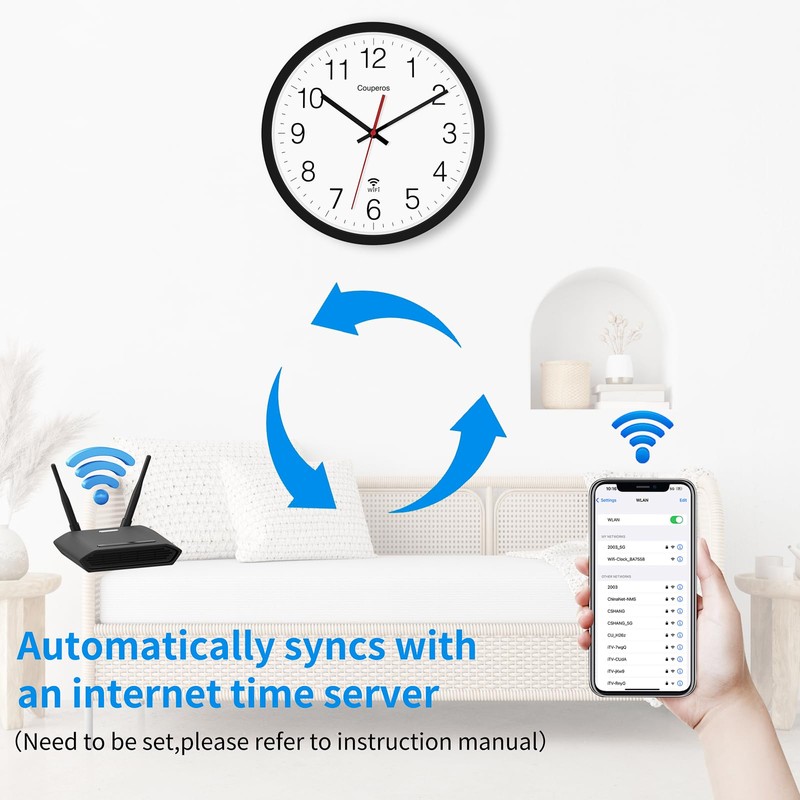 Couperos WiFi Wall Clock with Auto-DST, 12 Inch Silent Non-Ticking