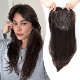 Megito Long Wavy 18inch Hair Topper Big Base Cover Thinning and Gray Hairs Clip in Hair Toppers for Women Fiber Wiglets with Fringe Daily Wear Soft Brown