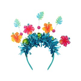NUOSYI Tropical Hawaiian Party Headband, Metallic Blue with Hibiscus Flowers and Palm Leaves, Luau Festival Costume Accessory (Color A)