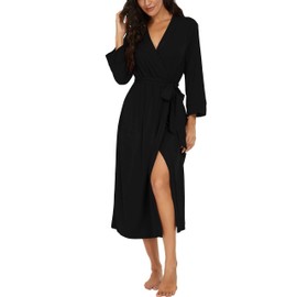 PrinStory Women's Bathrobe Lightweight 3/4 Sleeve Dressing Gown V-Neck Kimono Robe Long Sleepwear, black