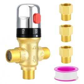 QWORK Thermostatic Mixing Valve, 2 Pack Solid Brass Pipe Water Valve with Temperature Control - 1/2 NPT Male Connections - Includes 3 Adapters, Suitable for Wash Basins, Showers, Kitchens