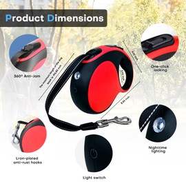 Retractable Dog Leash with chew-Proof Cord and LED Flashlight, 16-ft Heavy-Duty Dog Leash, Suitable for Medium/Large Dogs Weighing up to 110 pounds, Reflective Rope, 360° Anti-tangling.(Red+16Ft+LED)