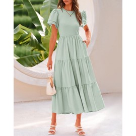 BTFBM Women Casual Summer Dresses 2025 Spring Crewneck Short Sleeve Tiered Flowy Boho Maxi Beach Vacation Dress Pockets(Light Green, Medium)