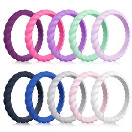 MOKANI Silicone Wedding Ring for Women, 10-Pack Thin and Braided Rubber Band, Fashion, Colorful, Comfortable fit, Skin Safe, Size 7