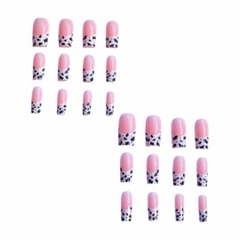 BABLAL Square Press on Nails Medium Fake Nails Cow Print French Tip Glue on Nails Squoval False Nails 24Pcs Manicure Stick on Nails
