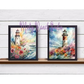 Set of 2 Lighthouses Waves UNFRAMED Art Prints Watercolor Coastal Waves Flowers1