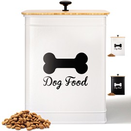 Dog Food Container Airtight 5-7 lb (25 Cup) Capacity - Cute Airtight Dog Food Storage Container with Bamboo Lid & Sturdy Metal Handle - White Metal Kibble Storage Bin for Dogs up to 50 lbs - Pet Jar