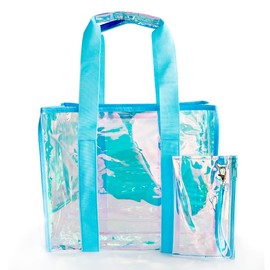 TotePrint Fashion PVC Waterproof Holographic Colorful Tote Handbag with Small Mobile Phone Bag for Beach, Travel and Shopping (blue)