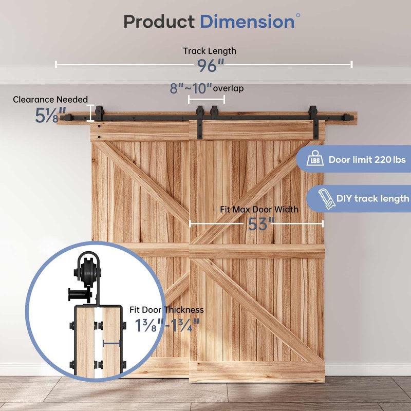 EaseLife 8 FT Bypass Double Sliding Barn Door Hardware Kit,Single