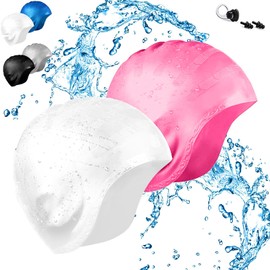 MARIA D Gorros de Natación,Gorro de Natación de Impermeable Silicona con Tapones para los Oídos,Clip de Nariz,para Mujeres y Hombre,Jóvenes,Adolescentes.(Blanco+Rosa)