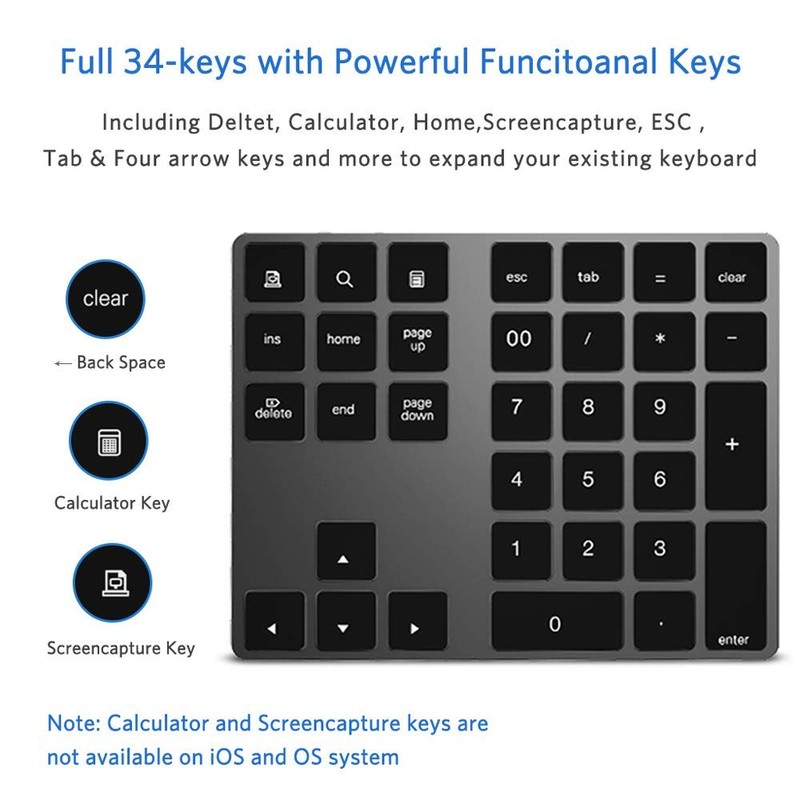 JOYEKY Bluetooth Number Pad, Wireless Numeric Keypad, USB-C Rechargeable External