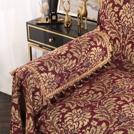 Loom and Mill Luxury Jacquard Sofa Arm Covers 2 PCS, Elegant Damask Couch Armrest Cover with Tassels, Non-Slip Furniture Protector for Chair Sofa Recliners Couch Dogs Pets, Burgundy red, 14x14in