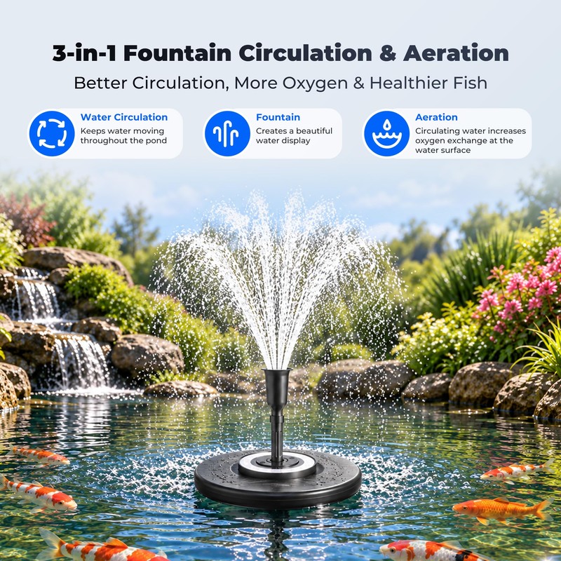 Floating Pond Fountain with RGB LED Lights, 400GPH, 3 Spray