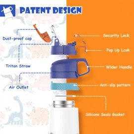 FEIJIAN Kids Stainless Steel Water Bottles with Straw, 12 oz Leak Proof Insulated Water Bottle Double Wall, Keep Drinks Hot Cold Toddler Thermos with Handle BPA-Free for School