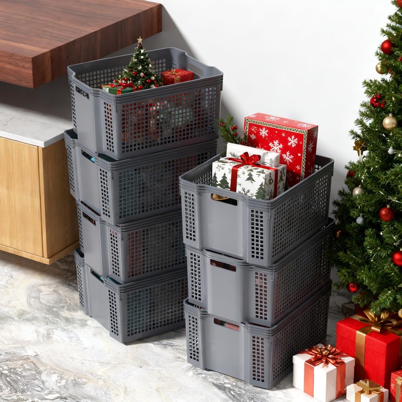 Afromy 12-Pack Large Stacking Basket, Plastic Storage Organizer Bins