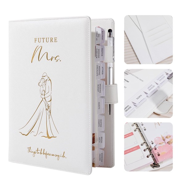 AW BRIDAL Best Engagement Gifts For Her Bride To Be Gifts∣Future Mrs Leather Wedding Planner Book And Organizer For The Bride Wedding Planning Notebook Budget Planner Binder, 140 Pages, White