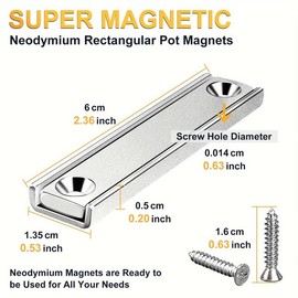 6pcs, Large Oblong Neodymium Rectangular Pot Magnets - Strong Holding Power with Counter Bore, Countersunk Hole and Screws for Industrial Applications - Stainless Steel Material, Durable and Corrosion-Resistant