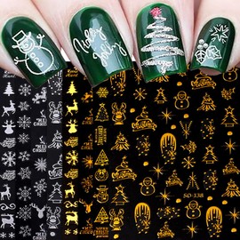 Christmas Nail Art Stickers, Snowflake Nail Decals 3D Self-Adhesive Gold Silver Snowflake Elk Snowmen Xmas Tree Winter Nail Design DIY Christmas Nail Decoration for Women Girls(8Sheets)