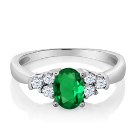 Gem Stone King 925 Sterling Silver Green Nano Emerald and White Topaz Ring For Women (0.64 Cttw, Size 7)