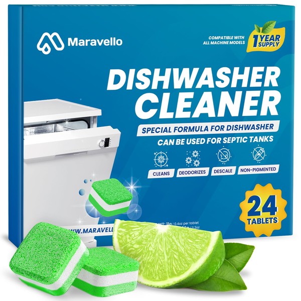 Dishwasher Cleaner Tablets for Deodorizer and Descaler: Maravello Active Lemon Formula Deep Cleaning Dish Washer Machine - Remover Limescale, Hard Water, Calcium, Odor, and Smell
