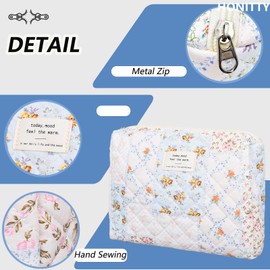 honitty Quilted Makeup Bag,Medium Travel Floral Cosmetic Bag Cute Pouch,Cotton Makeup Brushes Storage Bag for Women