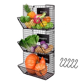 X-cosrack Metal Wire Basket Wall Mount, 3 Tier Wall Storage Basket Organizer with 5 S Hooks, Kitchen Fruits and Vegetables Bin Toys Organizer Hanging Basket Black (L(12.2" D x 12.2" W x 30" H))