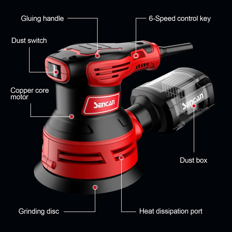 SENCAN 280W Random Orbit Sander, 6 Variable Speed 5-Inch,4000-12000 RPM