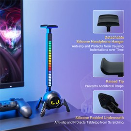 RGB Pickup Rhythm LED Light Headphone Stand, with 1.5m Type C Cable, PC Gaming Headset Mount Holder Hanger Hook for Gamers Desktop Gaming Accessories
