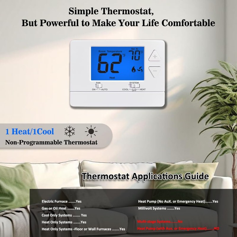 NonProgrammable Thermostat for House, Digital Energy-Saving Thermostat,Single-Stage Systems, 1 Heat/1