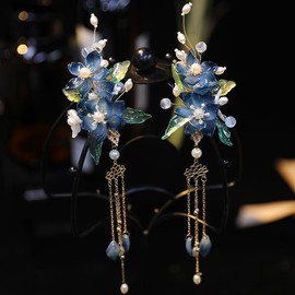 1 Pair Blue Flowers Hair Clips, Butterfly Pearl Flowers Tassel Barrettes, Hanfu Decorative Hair Clips