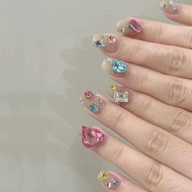 Short square pink 3D bear love painted fake nails false nails press on nails (Color Rhinestone)