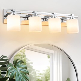 BrkNit 4 Light Modern Bathroom Light Fixtures Over Mirror, Chrome Vanity Lights for Bathroom Wall Sconces with Milky White Glass Shades, E26 Socket (Bulbs Not Included)