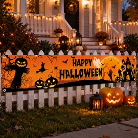 Happy Halloween Outdoor Banner – Pumpkin & Bat Polyester Backdrop for Porch, Doorway, Wall, Party & Haunted House Décor