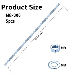 LiYiJiKeJi M8 Threaded Rod M8 x 300 mm, Fully Threaded, Metric, Blue Zinc, Galvanised, Shiny with Nuts & Washers Pack of 5