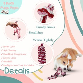 Cdyzqikm Puppy 3 Pack Cotton Knot Rope Toys for Small Dogs & Puppies, Durable Teething & Tug of War Chew Toy, Safe Interactive Toy for 2-8 Months Pets and High Active Puppy (Pink, Small)