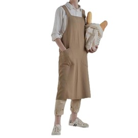 MUMOHO Japanese Linen Cross Back Kitchen Cooking Aprons for Men with Pockets for Baking Painting Gardening Cleaning khaki