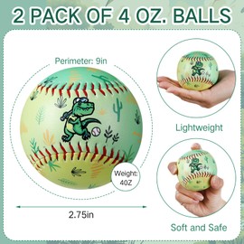 MiniInflat 2 Pack Baseball Standard Practice Baseball Size 9 Inch for Kids Girls Boys Beginners Gifts for Practice Training, Pitching, Throwing(Dinosaur)