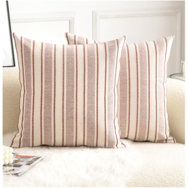 Cethom Decorative Boho Throw Pillow Covers, Farmhouse Textured Pillow Case, 20 x 20 Inch Set of 2, Chair Sofa Bedroom Living Room Home Decor Couch Cushion Case, Rust and Beige Striped