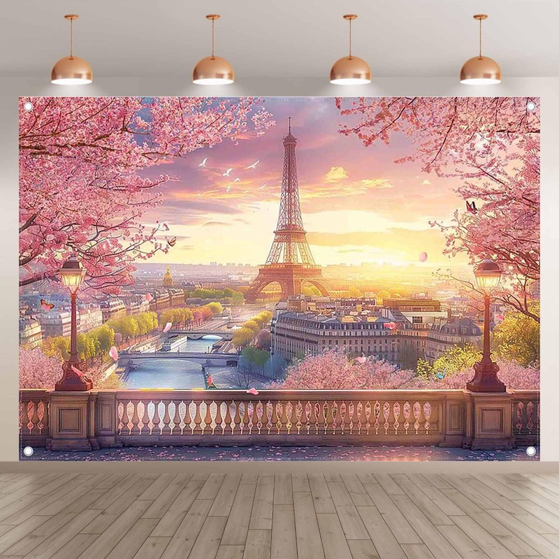Luminora Fabric 7x5ft Paris Eiffel Tower Backdrop Cityscape Terrace Pink