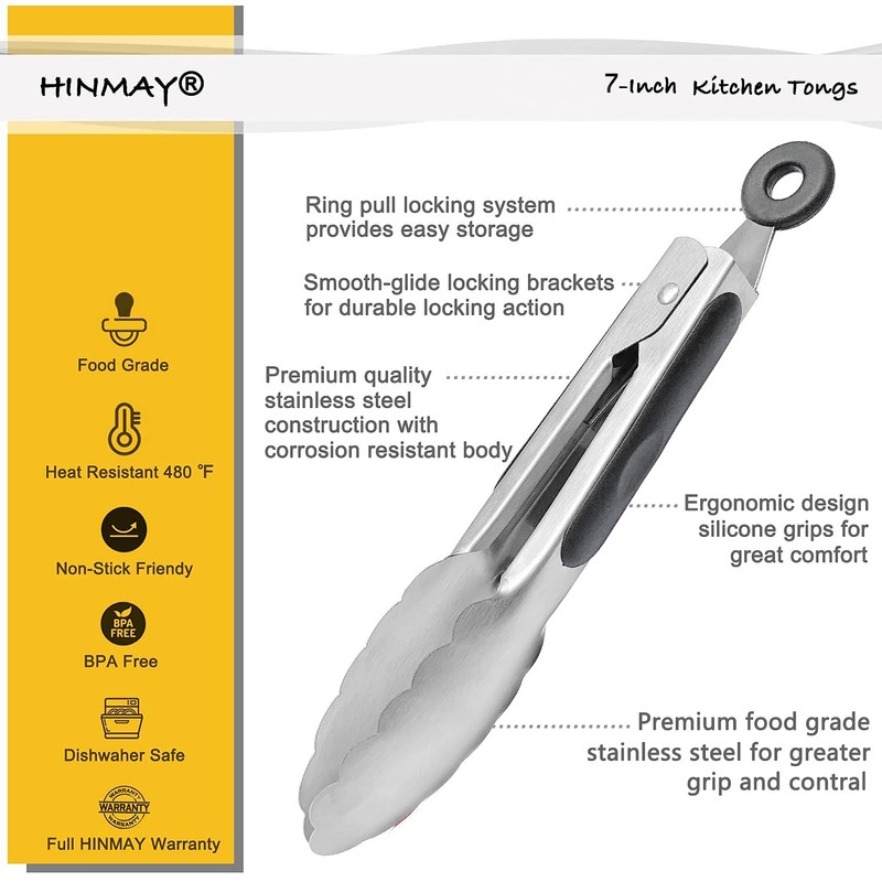 HINMAY Small Stainless Steel Serving Tongs 7-Inch Mini Food Tongs,