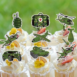 24Pcs Military Cupcake Topper Army Party Decorations Camo Cupcake Toppers for Army Soldier Birthday Military Baby Shower Supplies（Fully Assembled）