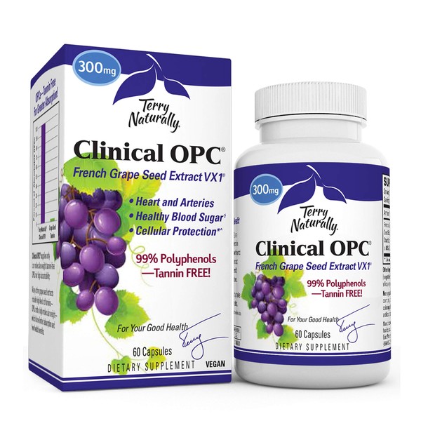 Terry Naturally Clinical OPC 300 mg - 60 Vegan Capsules - French Grape Seed Extract Supplement, Supports Heart & Immune Health, Antioxidant - Non-GMO, Gluten-Free, Kosher - 60 Servings